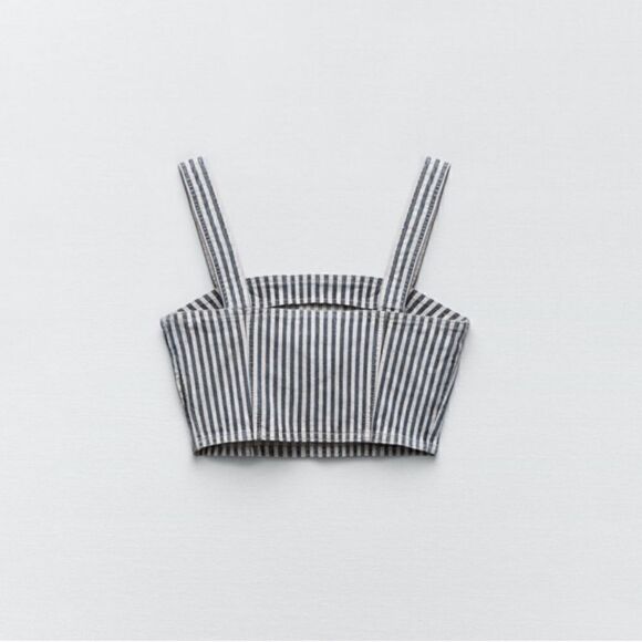 NWT Zara Blue & White Printed Striped Denim Crop Top, Size Small - Picture 8 of 15